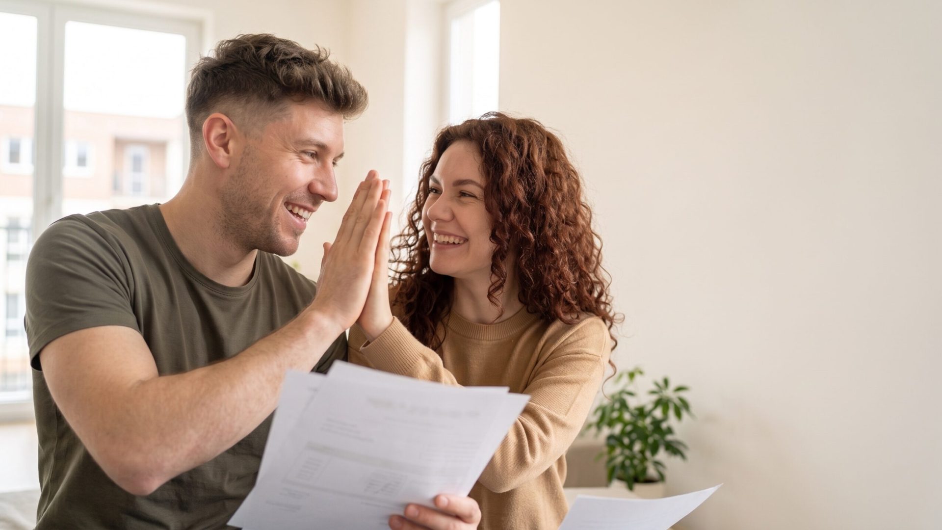Excited young couple giving high five holding mortgage loan approval documents, tax refund statement or investment paperwork sitting together at home celebrating financial success and agreement