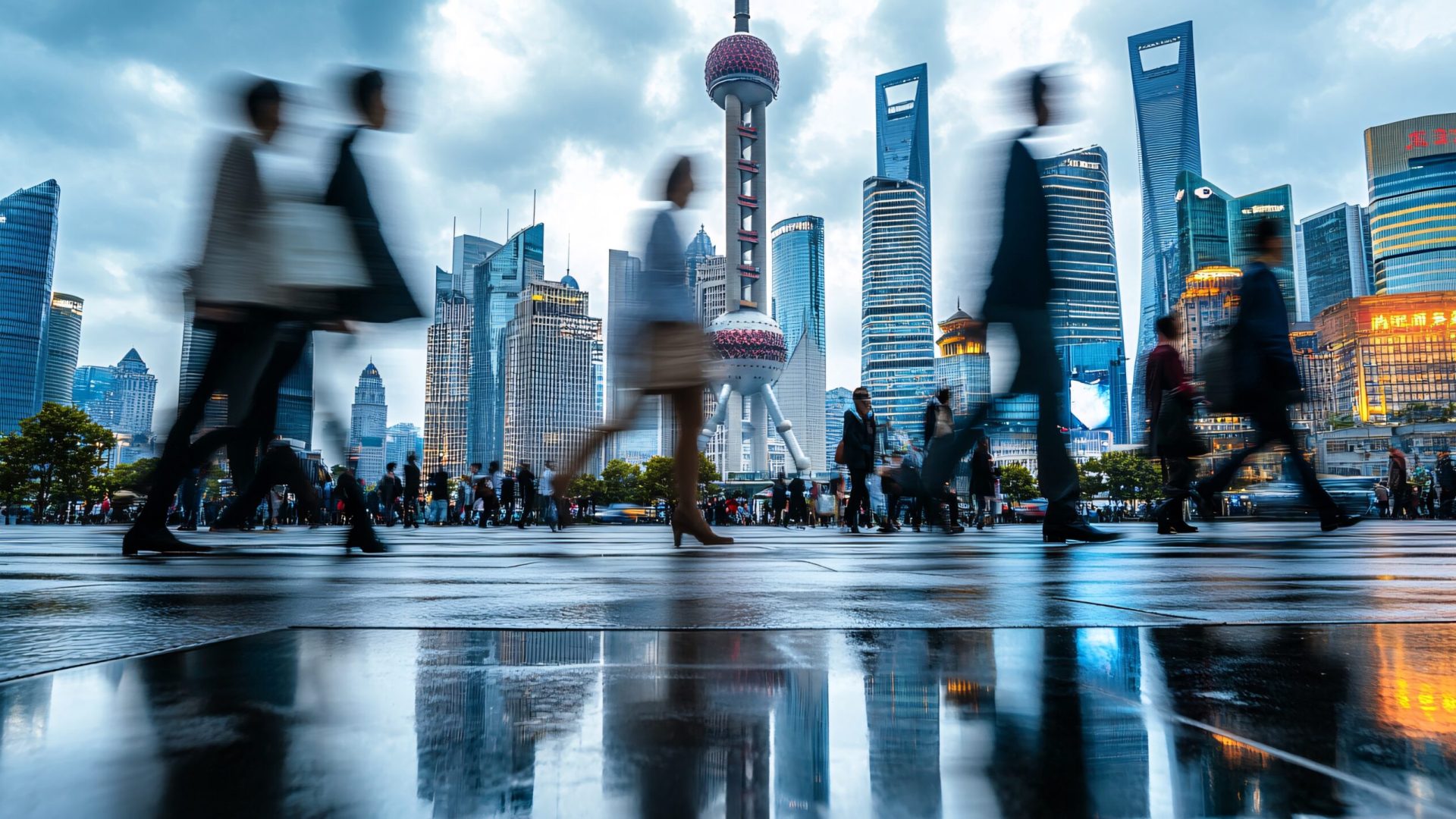 Blurred business people walking in cityscape