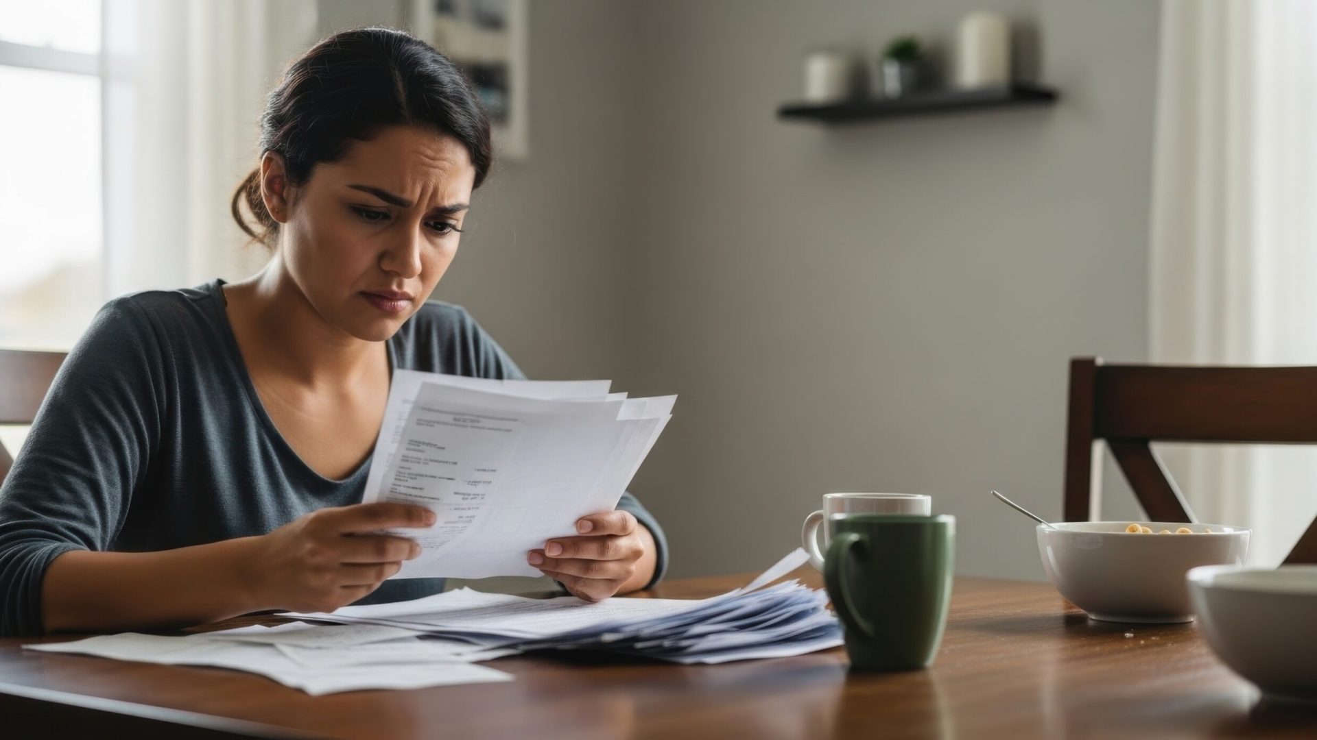 A stressed young adult woman with a worried expression is reviewing financial documents and bills at her dining table at home, surrounded by paperwork.
