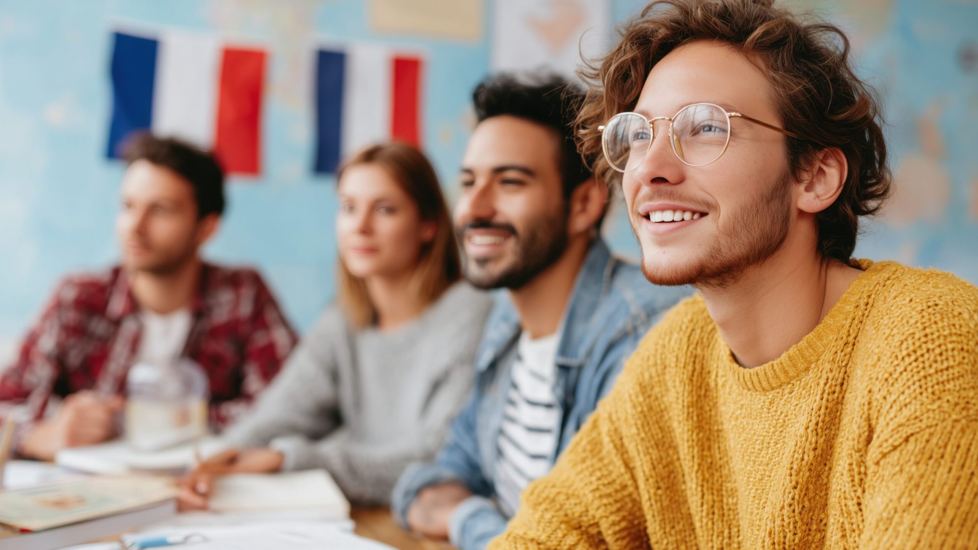 Group of international students engaged in a cheerful language conversation class, sitting around a table with American and French flags, enjoying multicultural learning in a modern classroom.