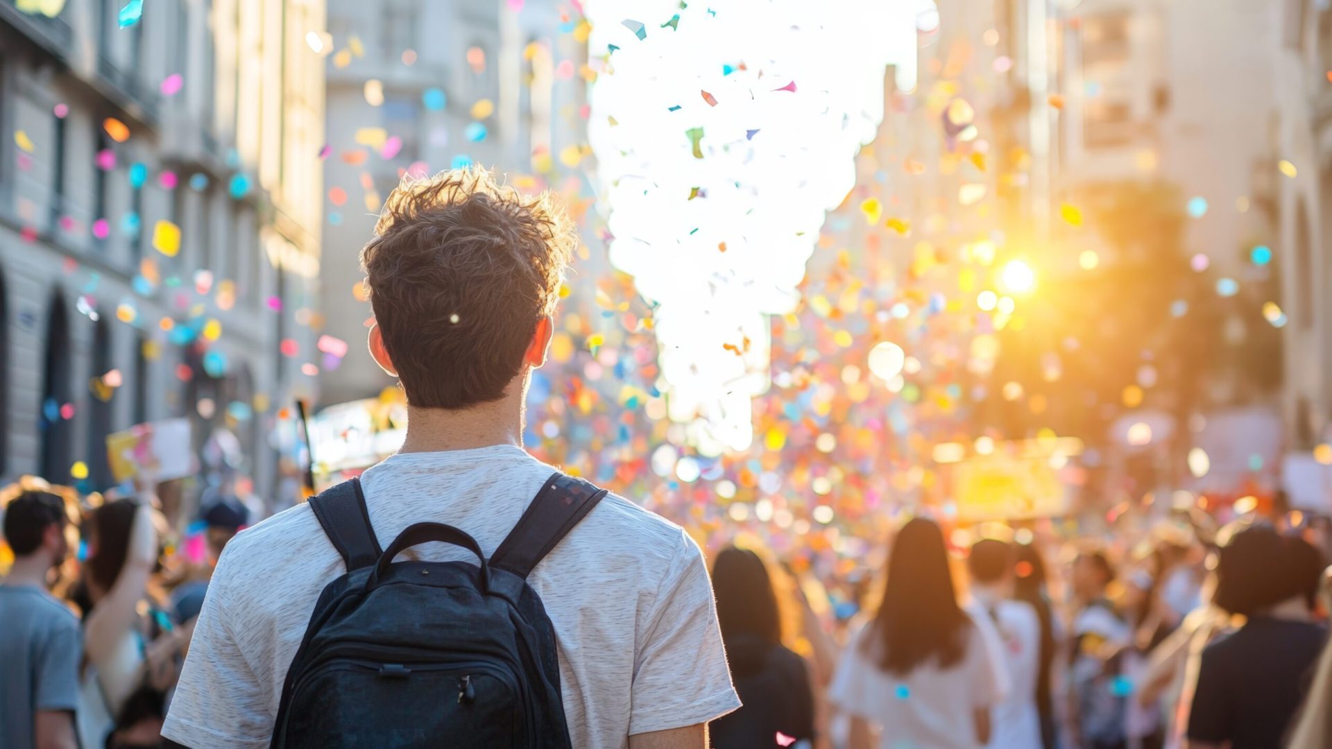 A young man stands with his back to the camera in a crowd of people, looking up at confetti falling in the sunlight. The background is blurred with buildings an