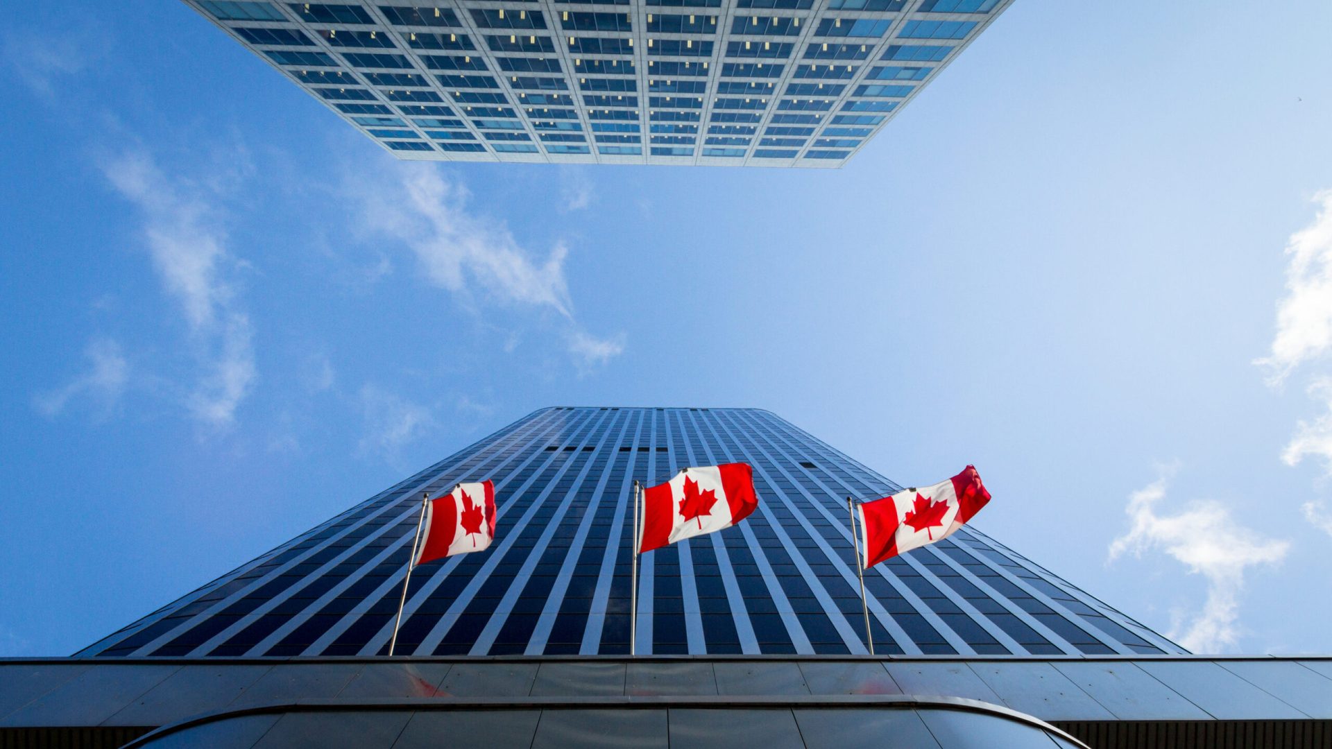 Three Canadian flags in front of a business building in Ottawa, Ontario, Canada. Ottawa is the capital city of Canada, and one of the main economic, political and business hubs of North America

Picture of the canadian flag taken in front of a cold and blue business building in the CDB of Ottaawa. Ottawa is the capital city of Canada, and a major hub for economy, politics and business in America.