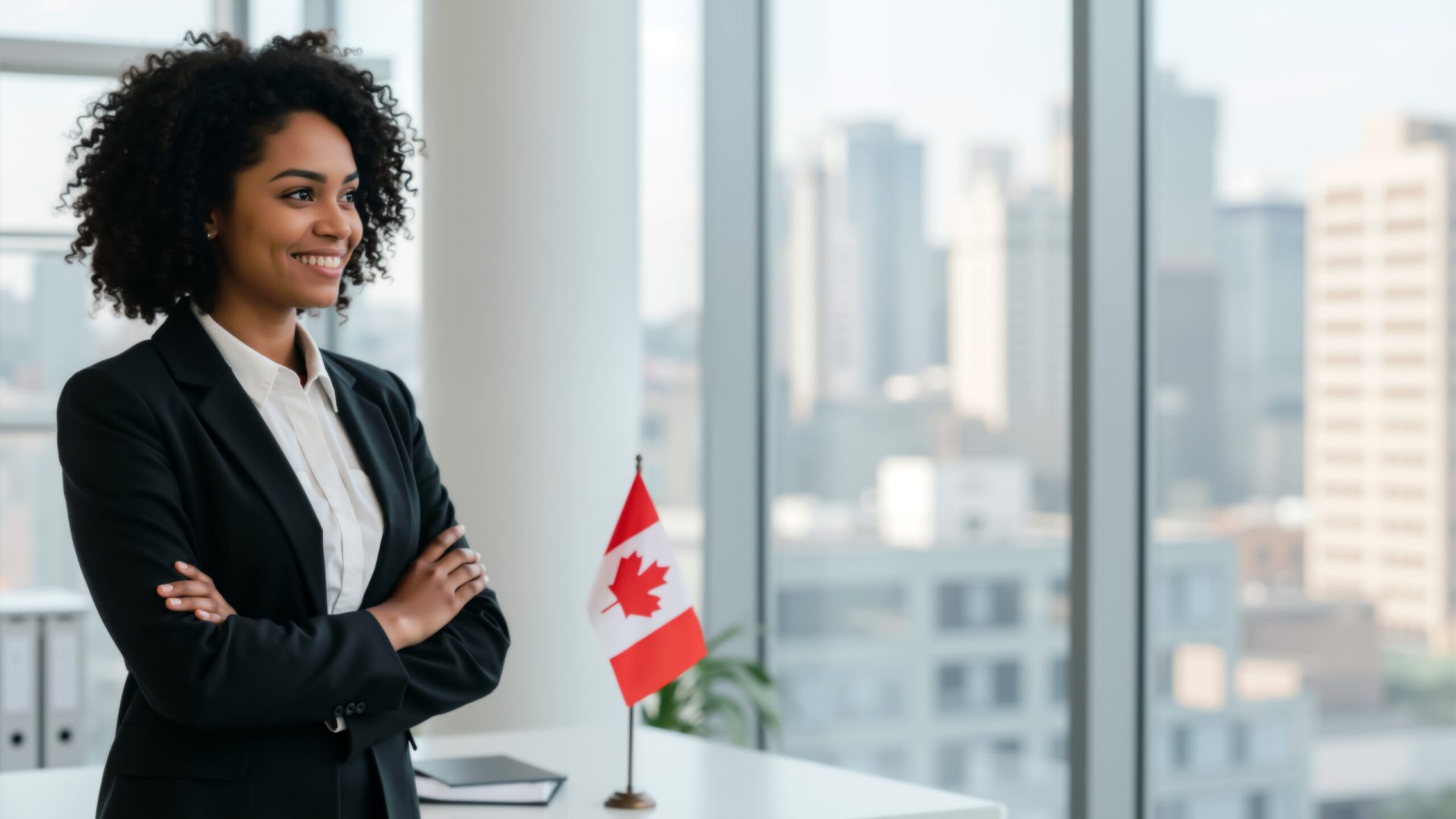 A confident, smiling Black woman with curly hair stands in a modern office with her arms crossed. She is wearing a business suit. On the desk next to her is a small Canadian flag. The background is a large window with a view of a city skyline. The image represents success, professionalism, and diversity in the Canadian workforce.
