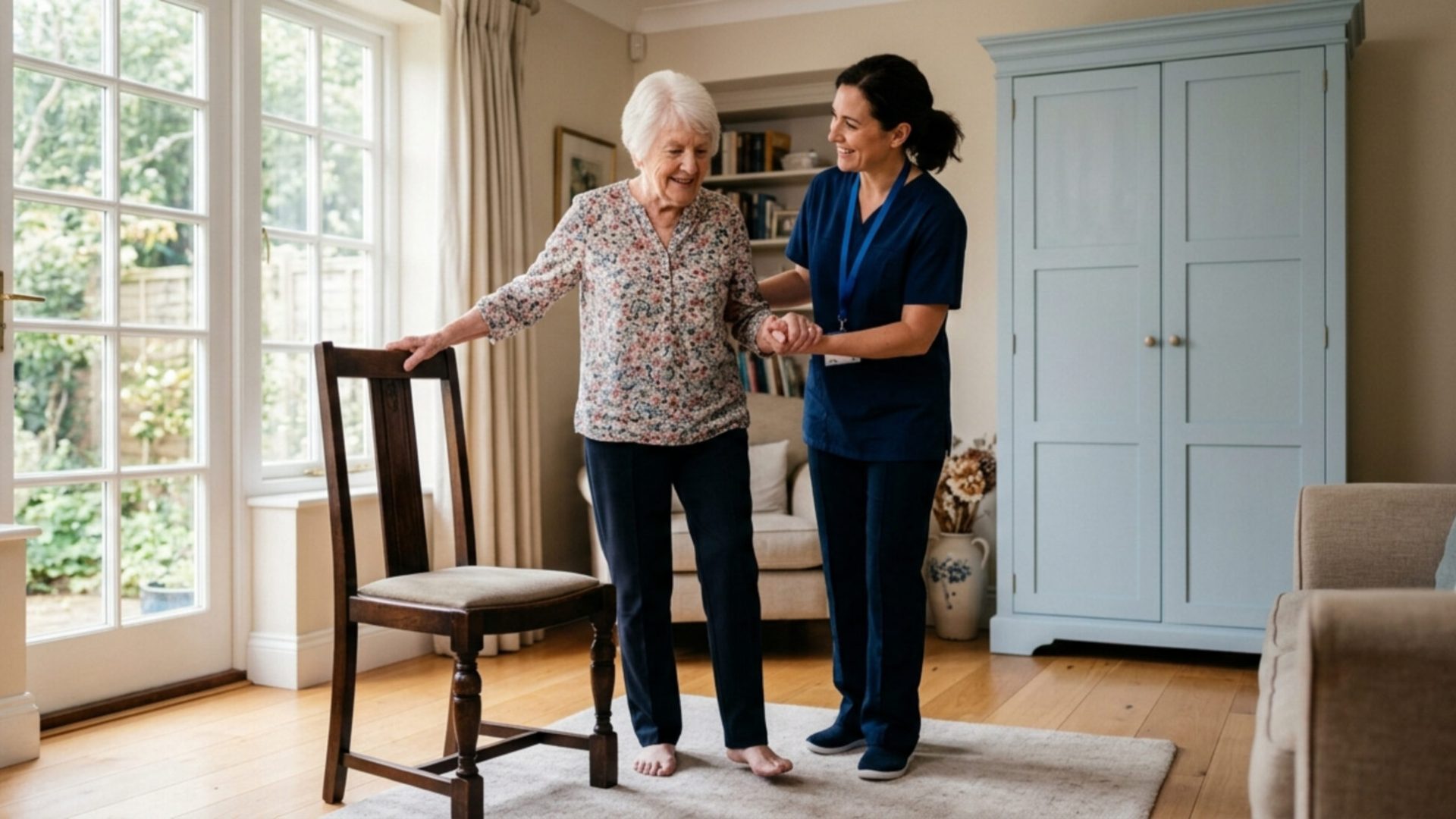 A compassionate caregiver gently helps an elderly woman to stand up from a chair in a warm, sunlit living room. Focus on support and independence.