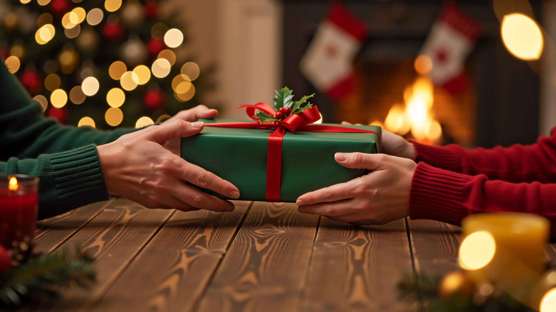 A close-up of two people exchanging a Christmas gift in a cozy home. Festive holiday celebration with a fireplace and decorated tree in the background. Winter season and generosity concept