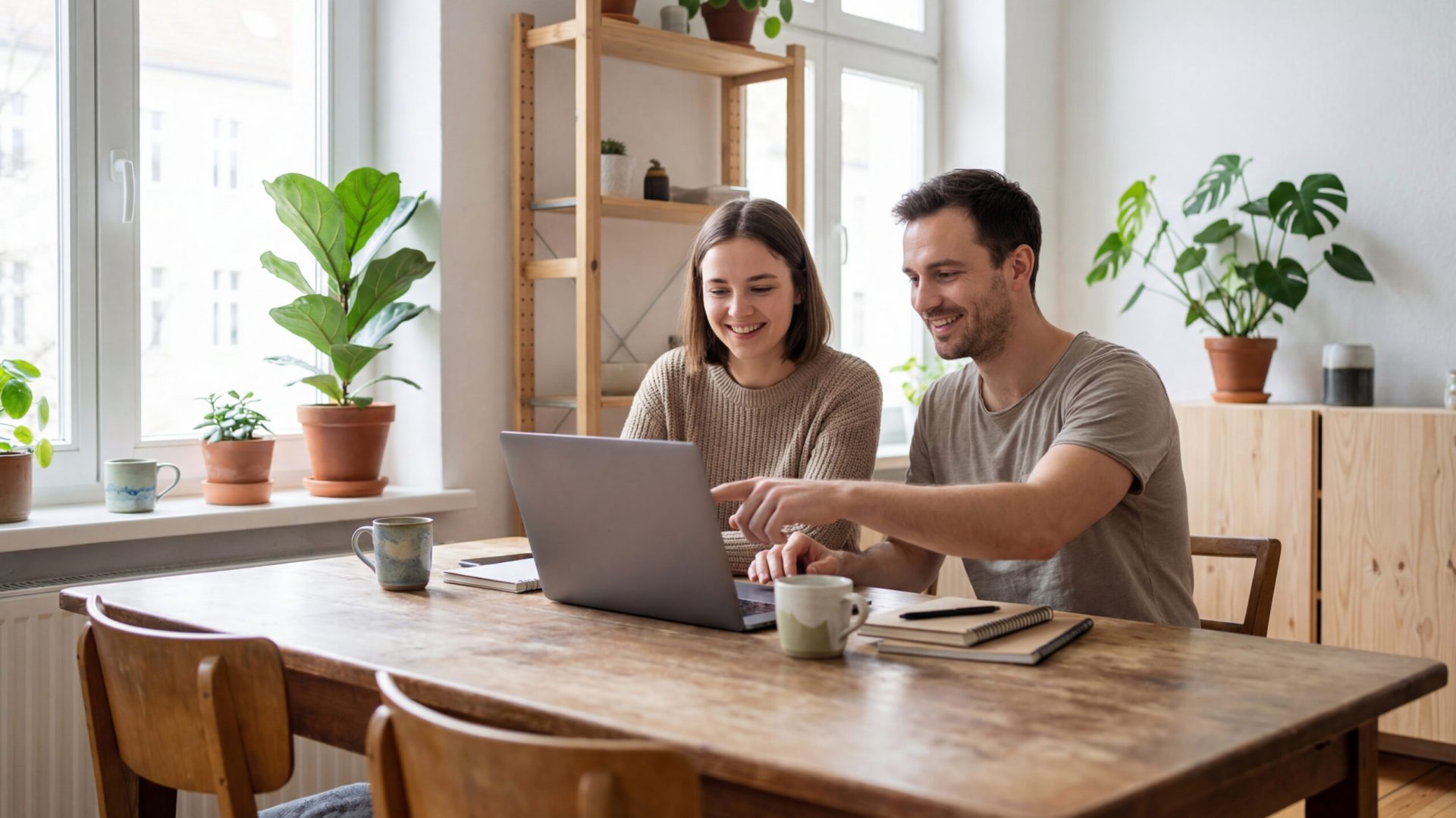 Young couple using laptop together at home dining table. Authentic real life retirement lifestyle, online banking, healthcare planning, and video calls.