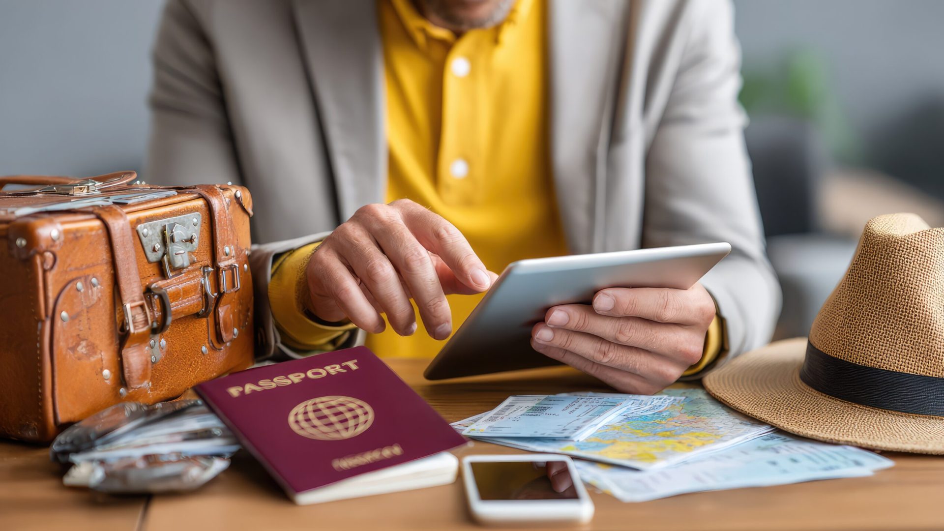 A traveler organizes essential items for an upcoming journey, including a passport, maps, and a tablet, highlighting the excitement of planning and exploration.