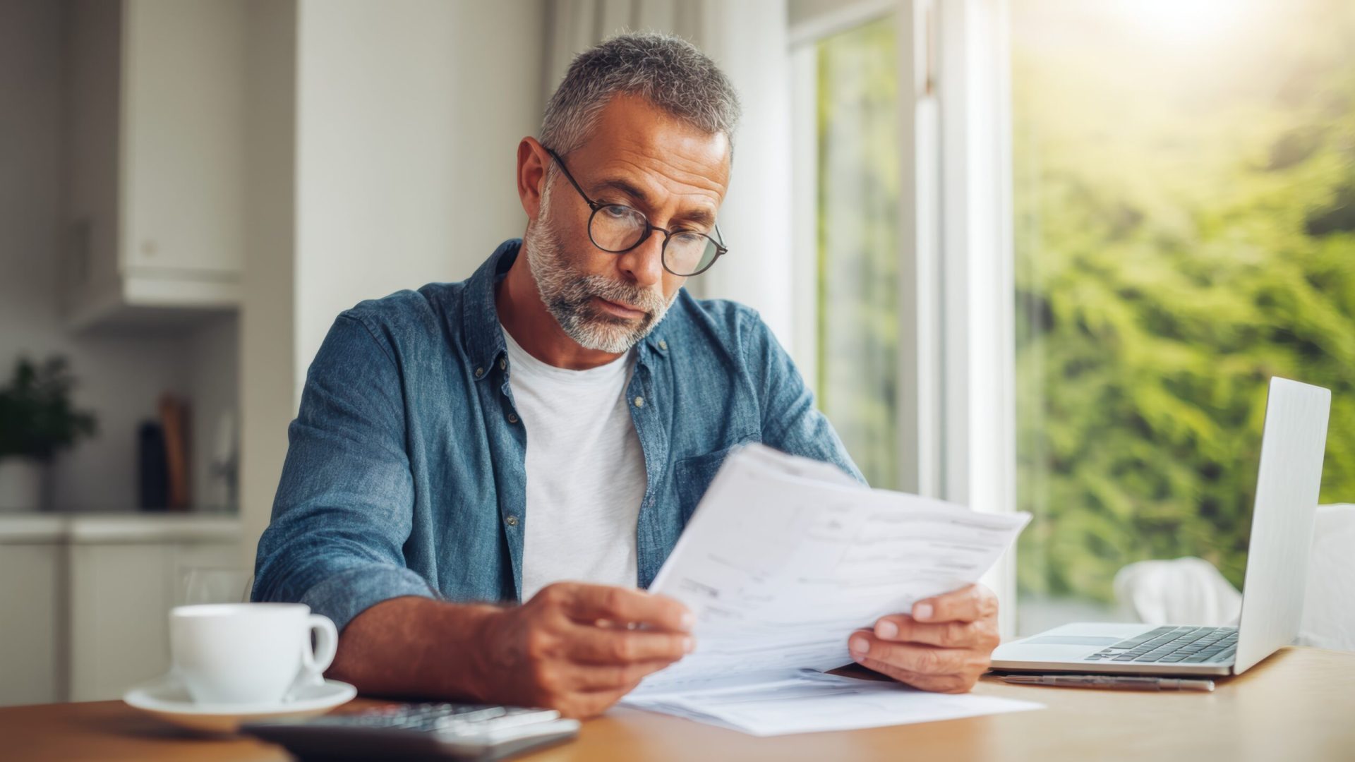personal finance management, an individual reviewing a paystub in a neat home office with financial documents and natural light illuminating the financial details