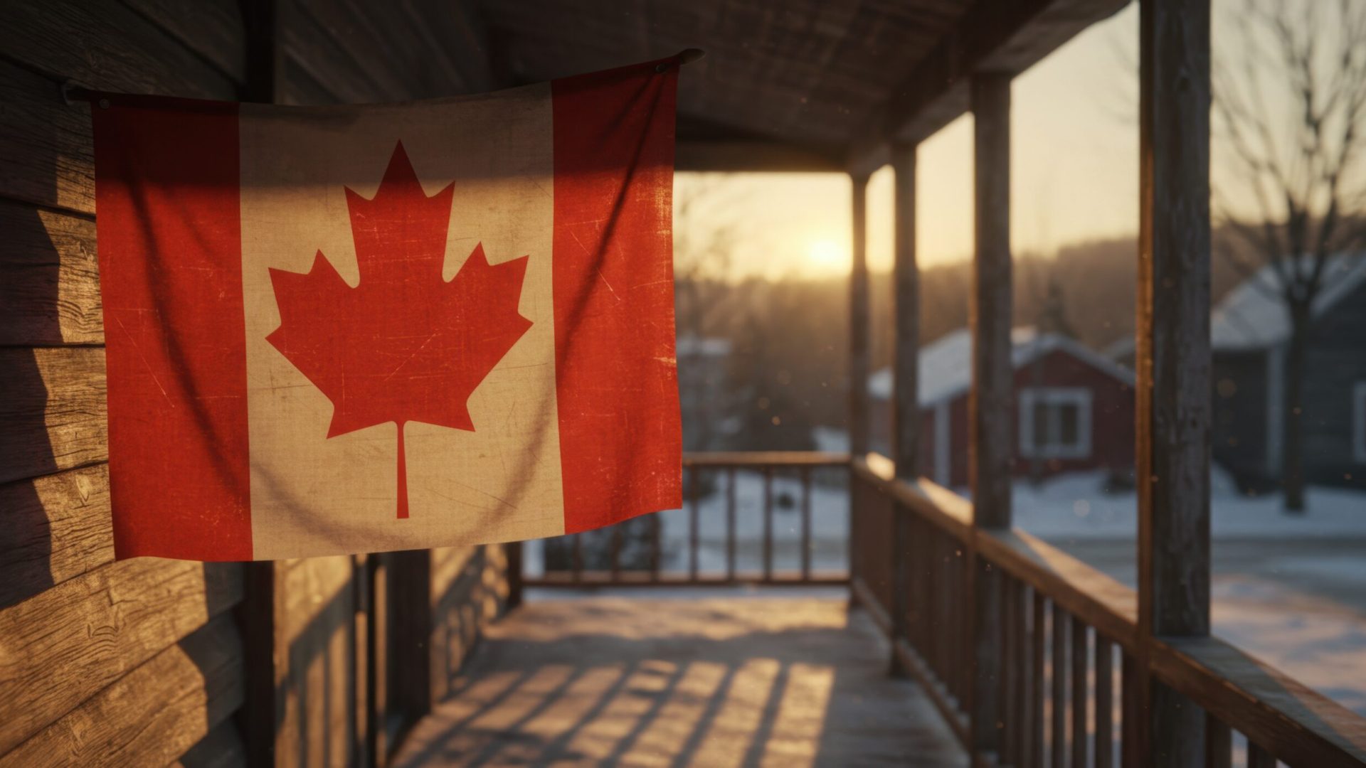 Canadian Flag Hanging on a Rustic Porch at Sunset