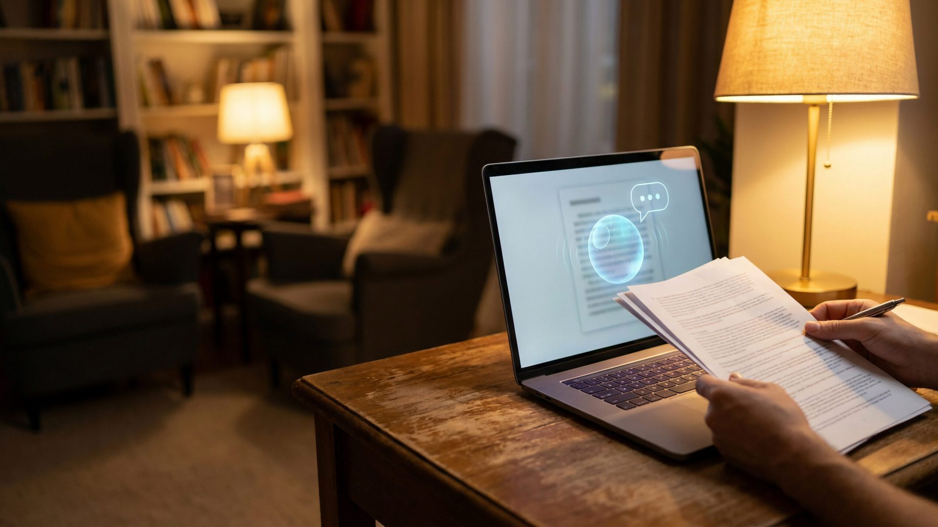 A person working from home at night analyzing financial documents and charts on a laptop screen under the warm light of a desk lamp in a cozy living room library setting indoors evening.