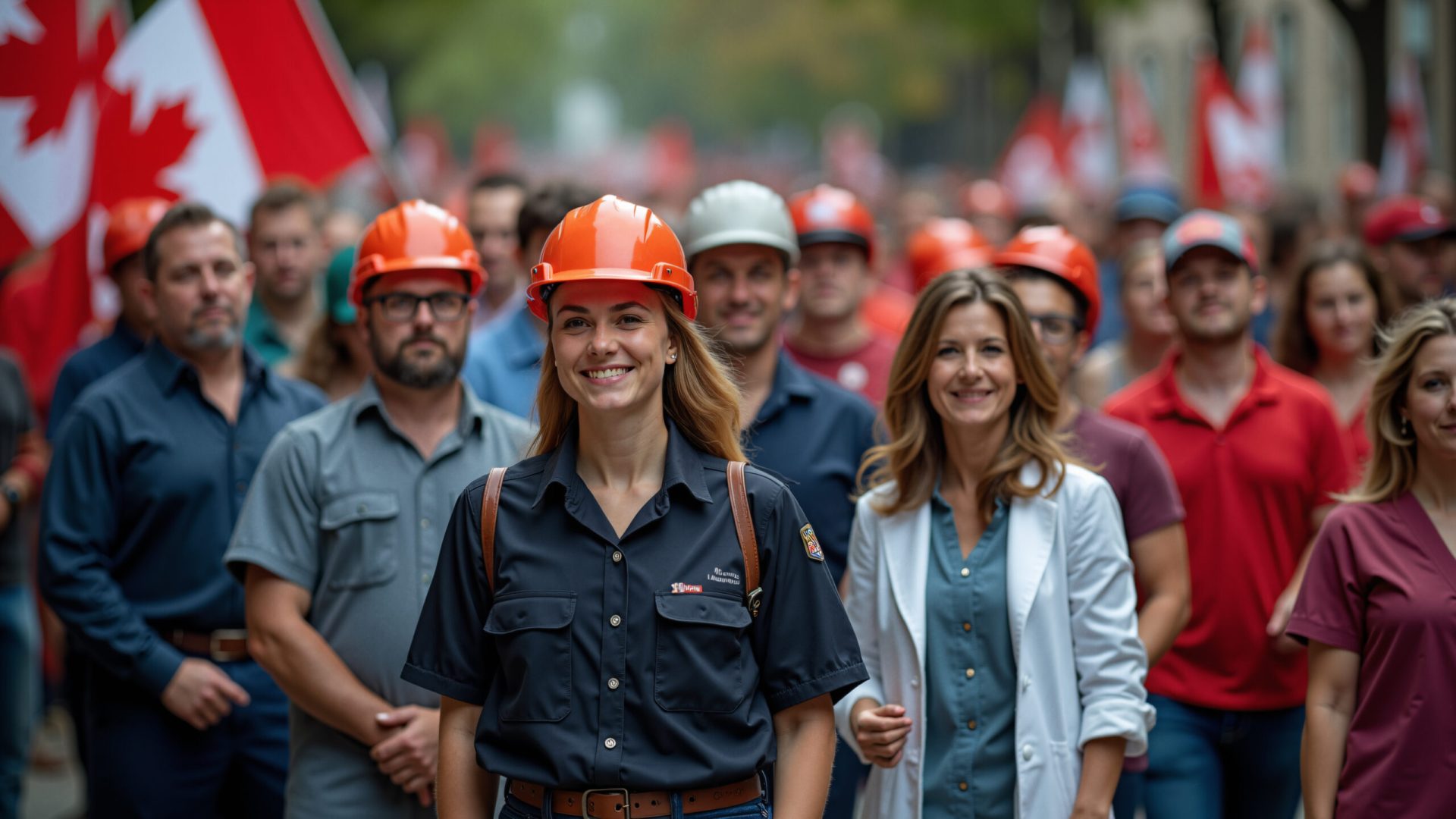 Labor Day concept. Workers crowd happily celebrating Canadian Labor Day. Woman in the centre