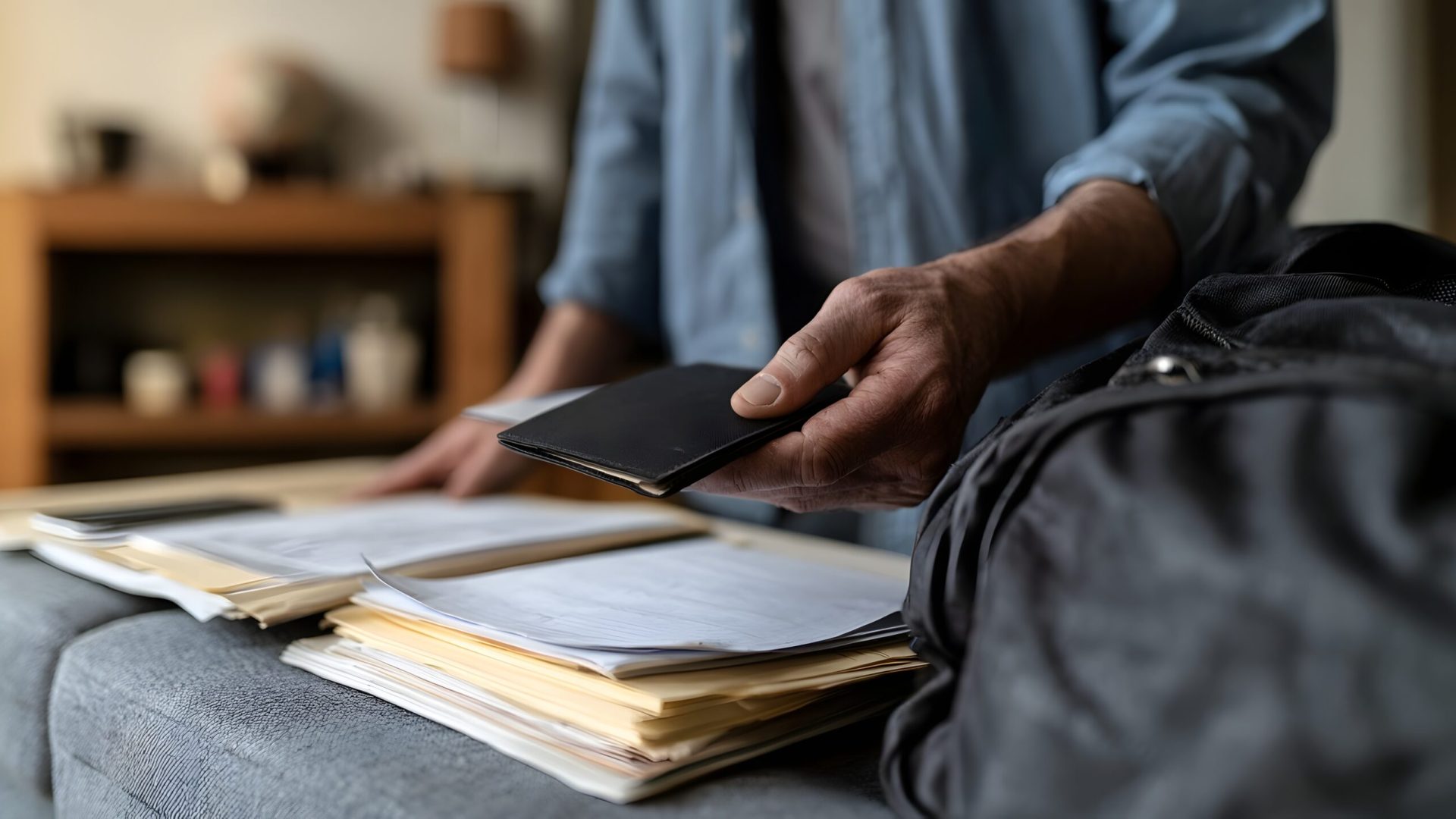 An individual examines travel paperwork while seated  holding a passport near a black bag and piles of documents on a gray surface
