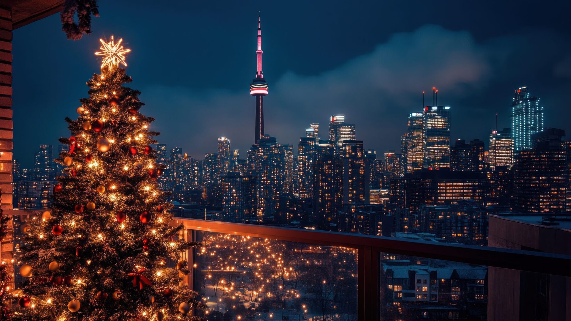 A stunning shot of a Christmas tree on a balcony overlooking a beautifully lit city skyline at night, merging urban charm with festive decorations . --ar 16:9 --v 6.1 Job ID: 13cb4d25-54c3-4364-b23a-9eb50f02d1a4