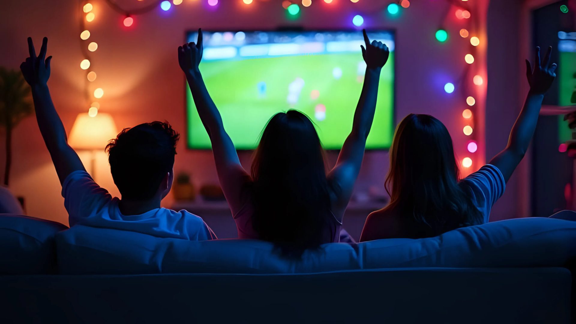 Back view group of young friends watching football match from television at home, young people cheering sport tournament live broadcast together at living room - celebrating a goal concept