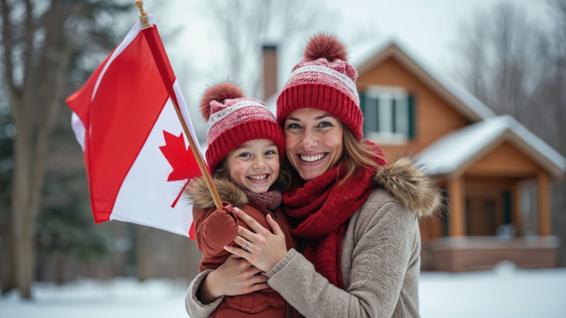 Mother and daughter in winter hats hold Canadian flag outside. Family smiles warmly with snowy house behind. Celebrating national pride on, cold day.