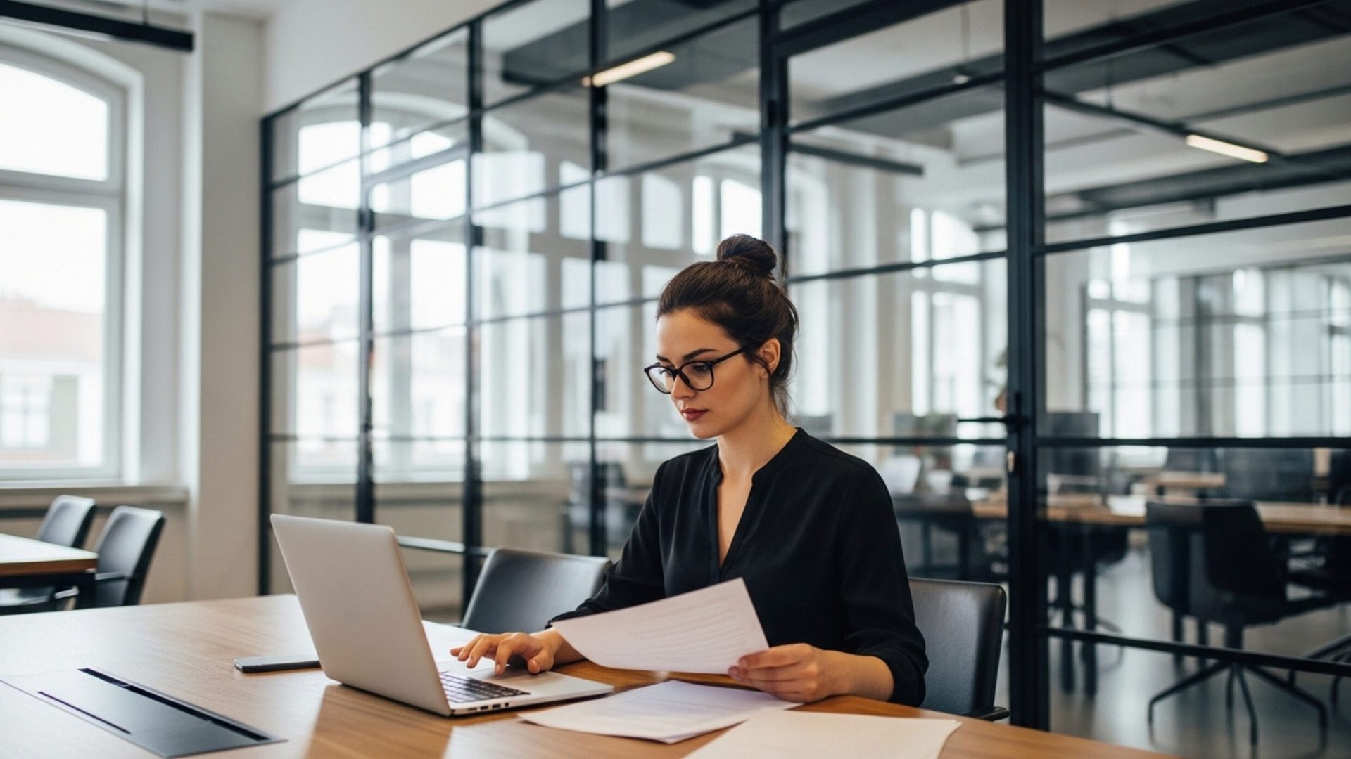 A smiling young businesswoman in a professional suit sits at her office desk working on a laptop computer to achieve corporate success