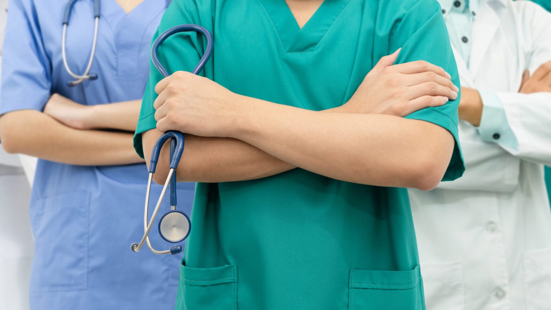 Healthcare people group. Professional doctor working in hospital office or clinic with other doctors, nurse and surgeon. Medical technology research institute and doctor staff service concept.