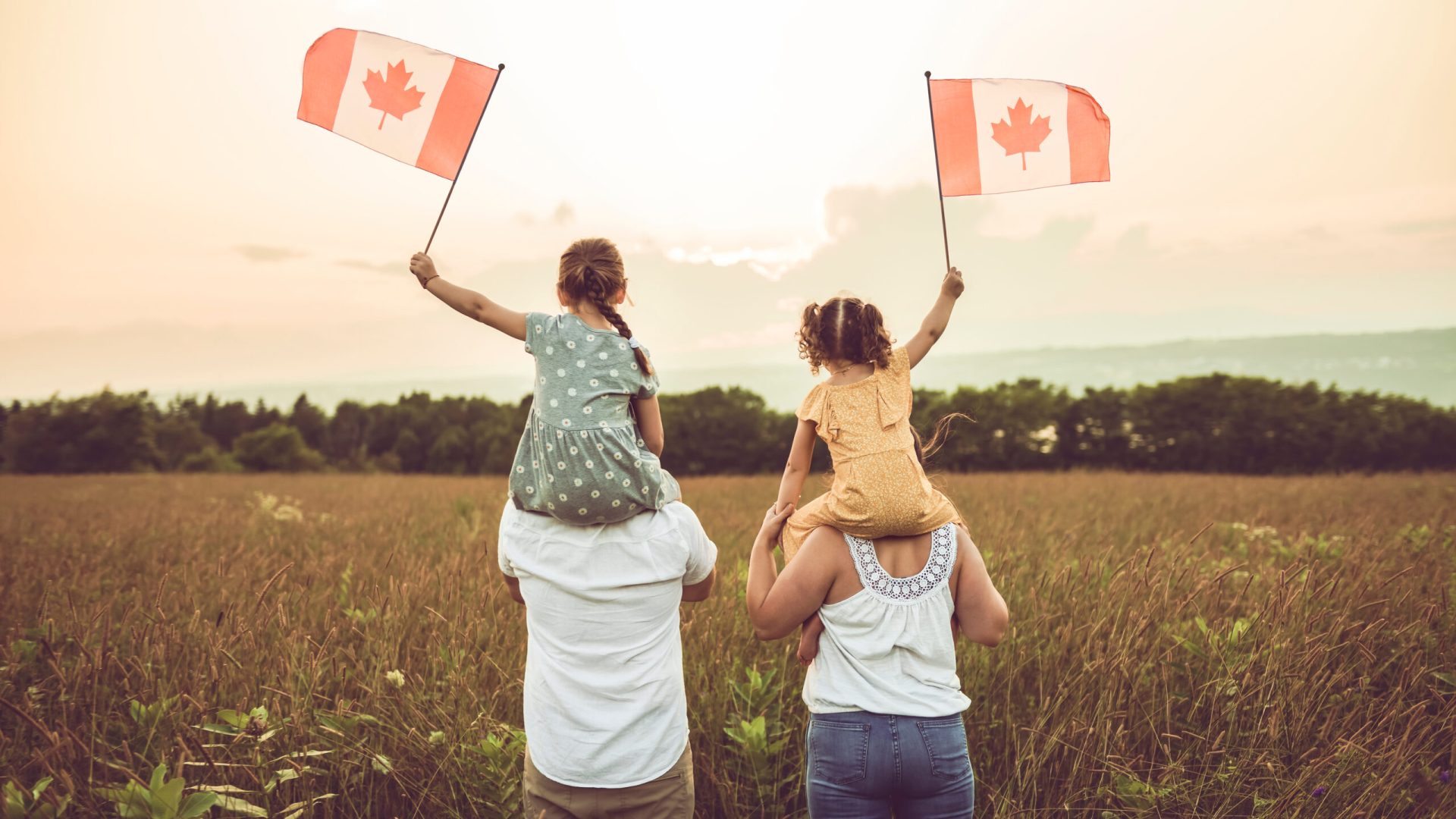 A Happy family mother father and children daughter on nature sunset