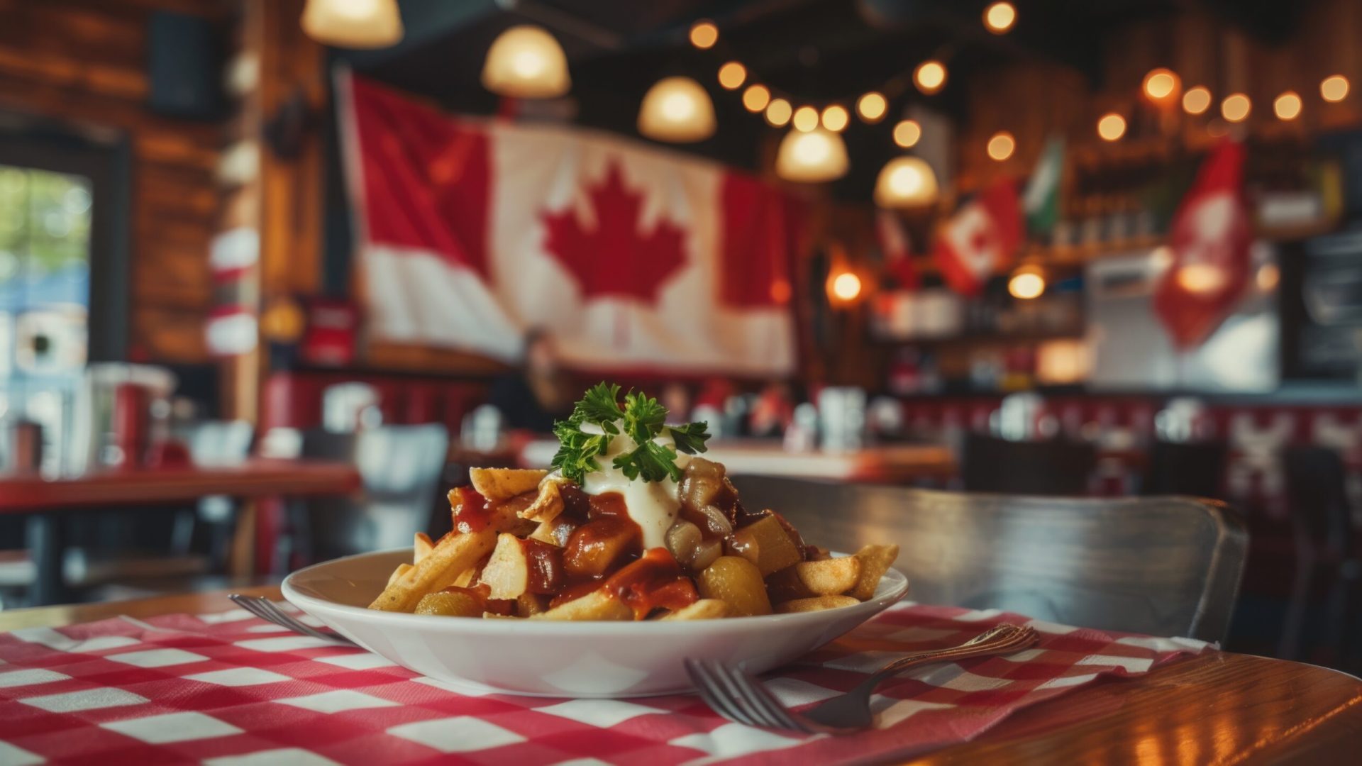 Cozy Canadian Diner with Red and White Checkered Tablecloths Serving Fresh Poutine Garnished with Parsley, Large Canadian Flag in Background