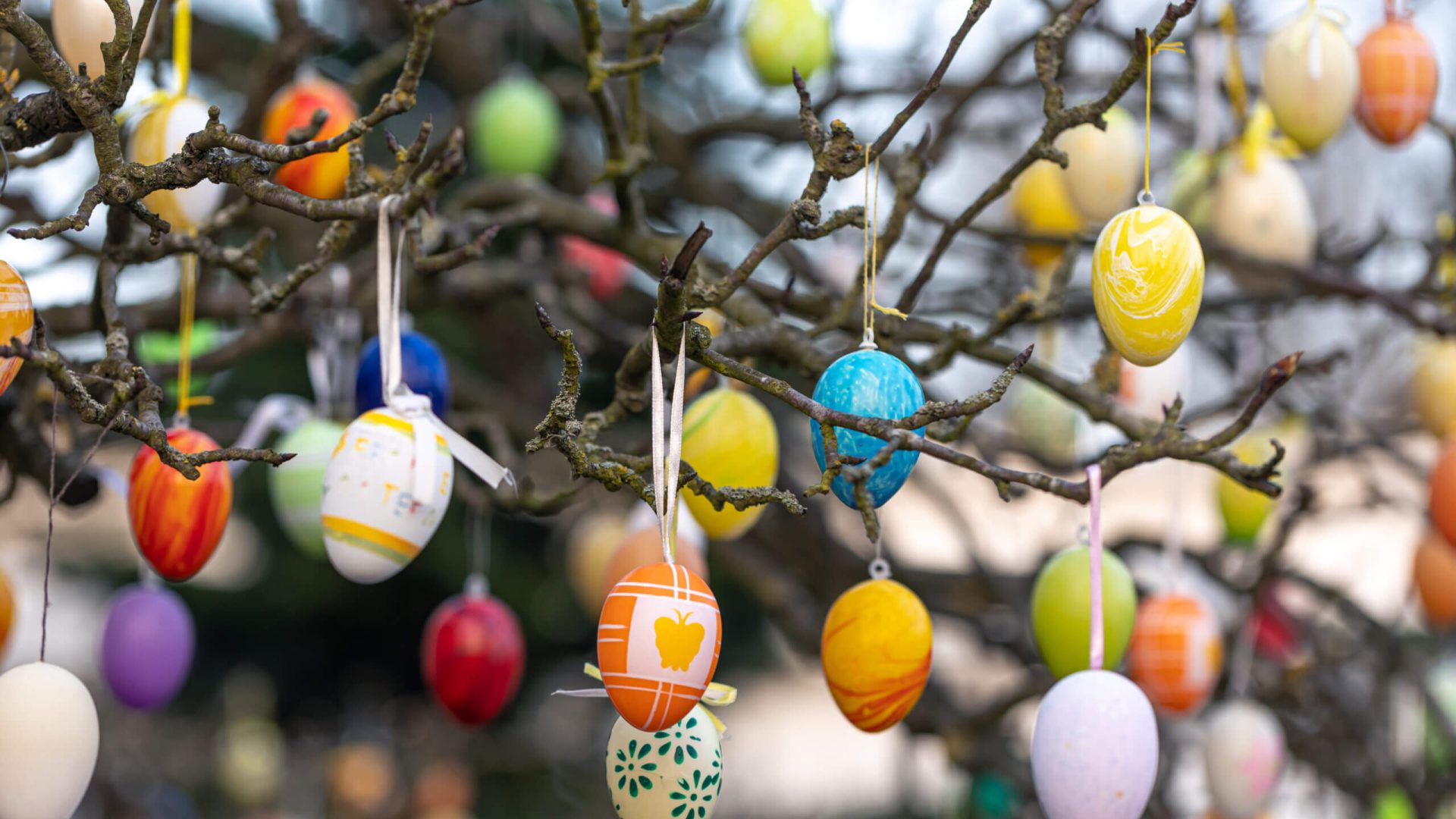 Tree decorated with colorful Easter eggs, street Easter decor.