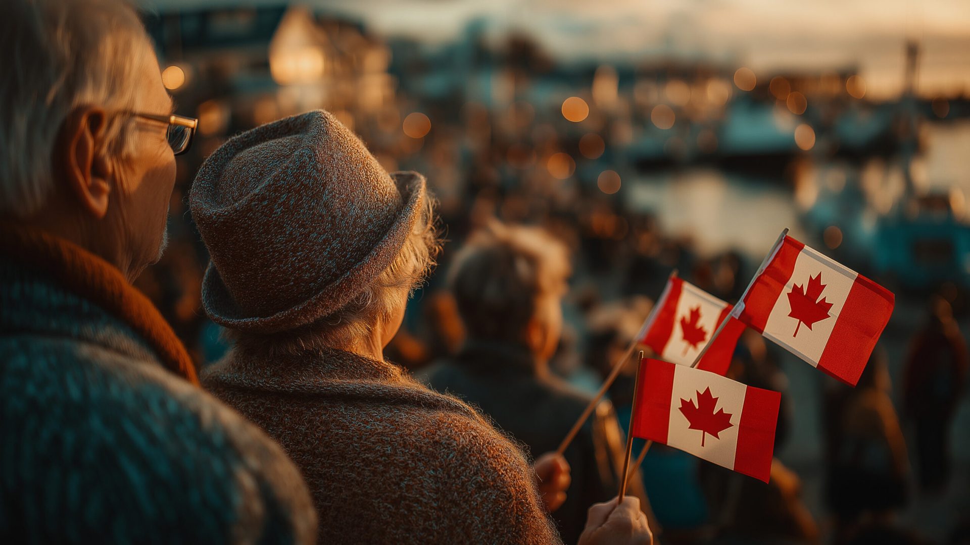 Senior Couple Honoring Canada Day with Flags at Sunset Gathering
