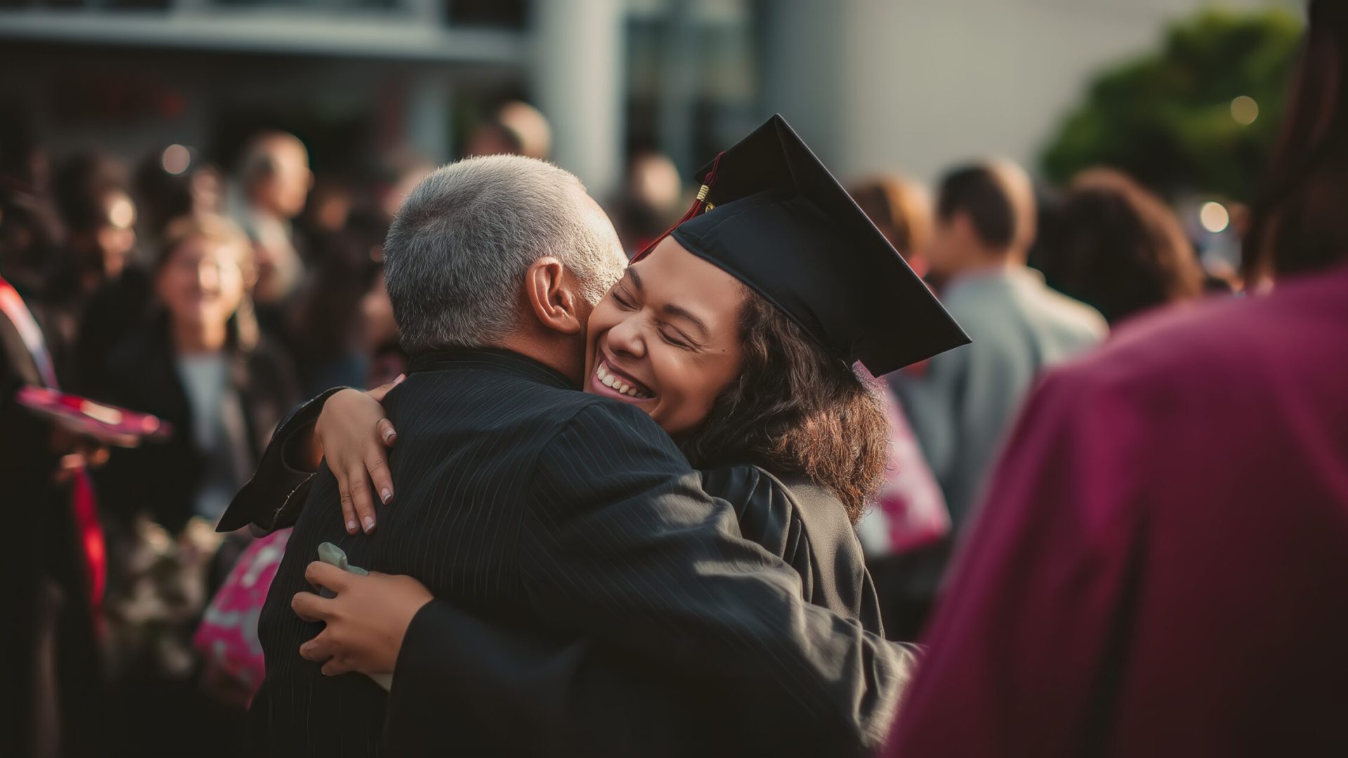 College or university student hugging their parent after the graduation ceremony. Generative AI.